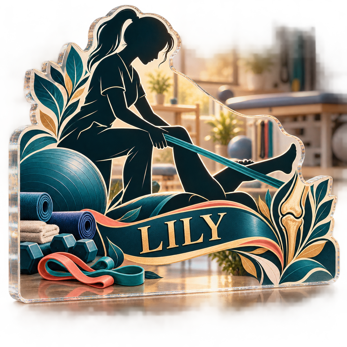 Artwork visualization: Physical therapist — appreciation gift, personalized LILY, subject-shaped acrylic with printed optical 3D depth; not carved relief.