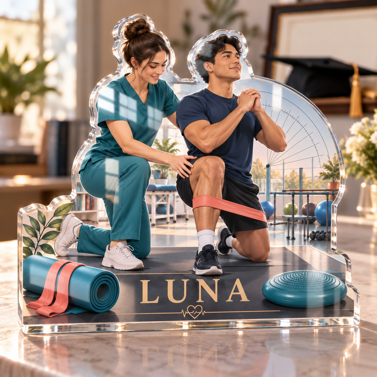 Artwork visualization: Physical therapist — graduation career milestone, personalized LUNA, subject-shaped acrylic with printed optical 3D depth; not carved relief.