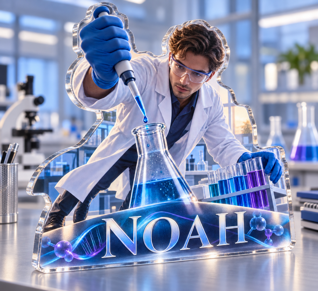 Artwork visualization: Laboratory scientist — professional desk identity, personalized NOAH, subject-shaped acrylic with printed optical 3D depth; not carved relief.