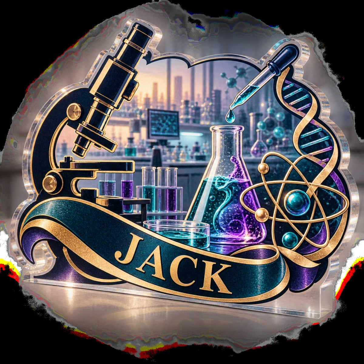 Personalized Laboratory Scientist Appreciation Gift custom shape acrylic plaque with an example name set into the artwork, digital preview