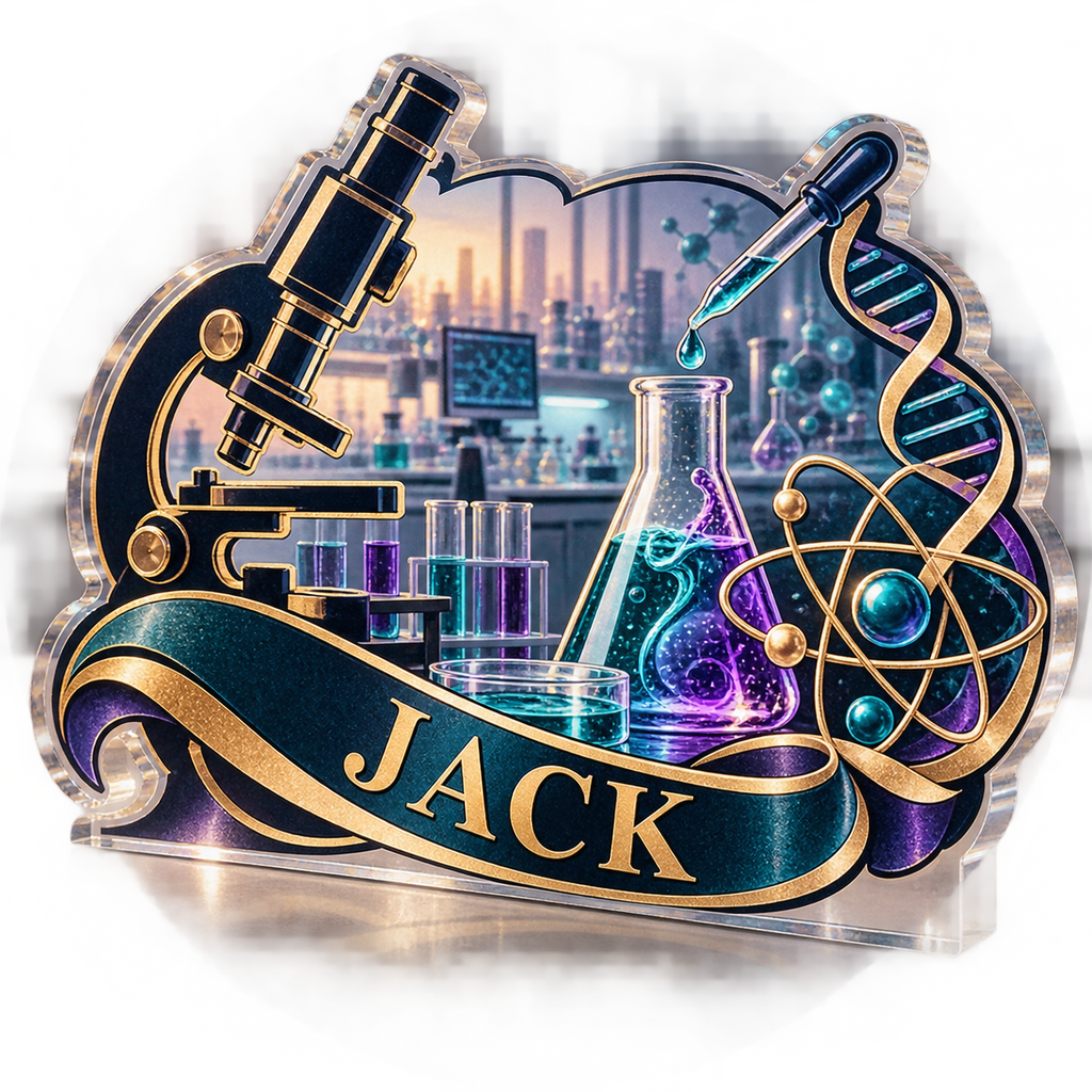 Artwork visualization: Laboratory scientist — appreciation gift, personalized JACK, subject-shaped acrylic with printed optical 3D depth; not carved relief.