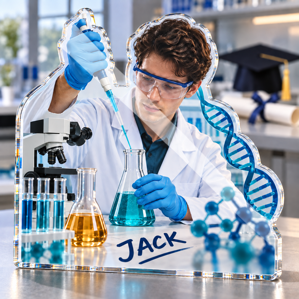 Artwork visualization: Laboratory scientist — graduation career milestone, personalized JACK, subject-shaped acrylic with printed optical 3D depth; not carved relief.