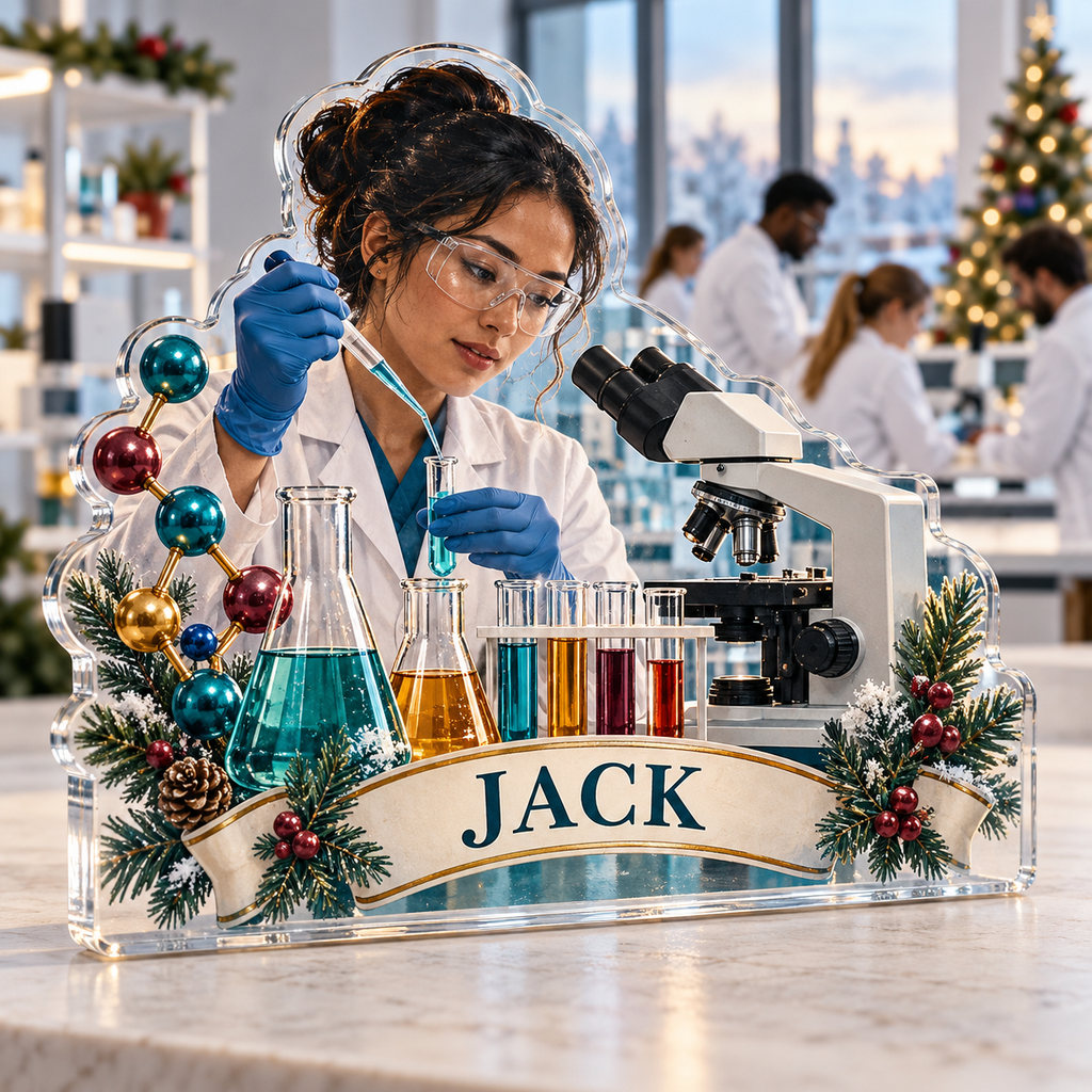Artwork visualization: Laboratory scientist — team belonging, personalized JACK, subject-shaped acrylic with printed optical 3D depth; not carved relief.