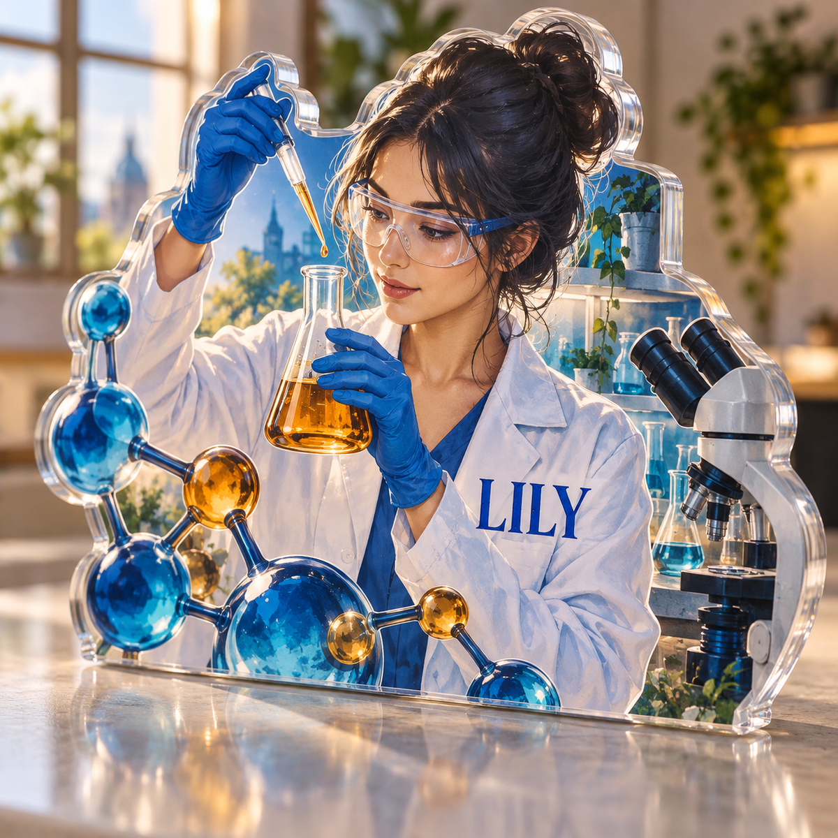 Artwork visualization: Laboratory scientist — home studio decoration, personalized LILY, subject-shaped acrylic with printed optical 3D depth; not carved relief.