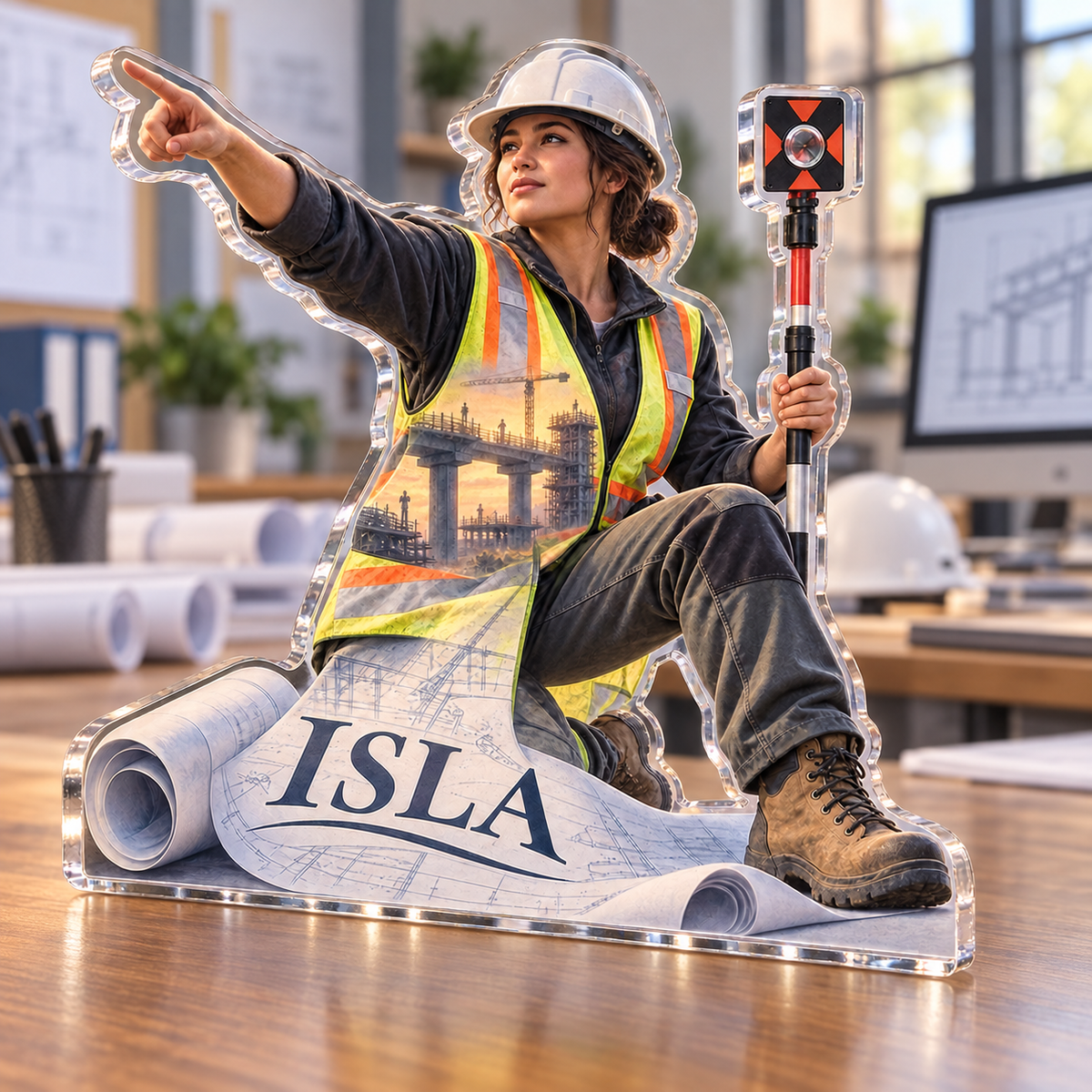 Artwork visualization: Civil engineer — professional desk identity, personalized ISLA, subject-shaped acrylic with printed optical 3D depth; not carved relief.