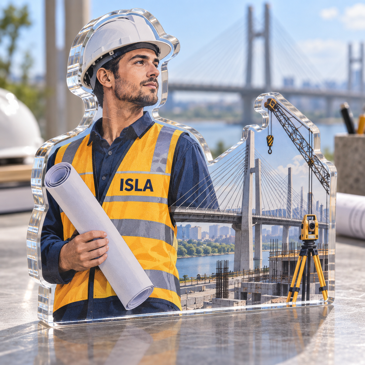 Artwork visualization: Civil engineer — graduation career milestone, personalized ISLA, subject-shaped acrylic with printed optical 3D depth; not carved relief.