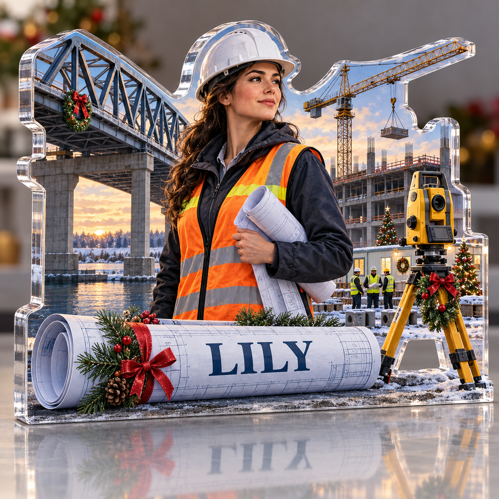 Artwork visualization: Civil engineer — team belonging, personalized LILY, subject-shaped acrylic with printed optical 3D depth; not carved relief.