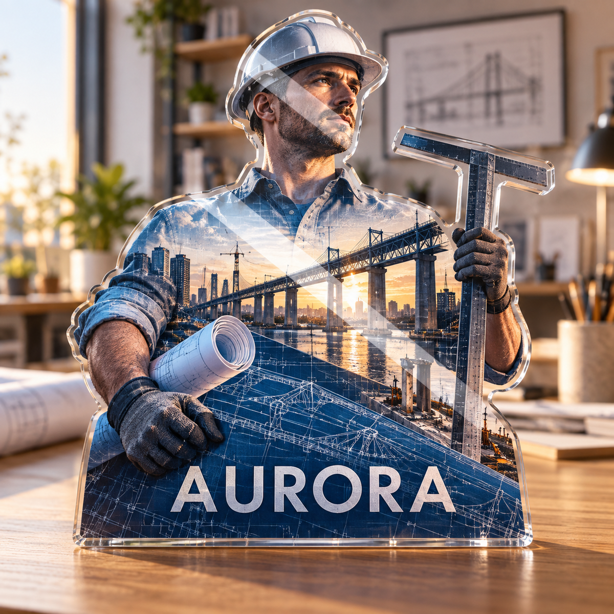 Artwork visualization: Civil engineer — home studio decoration, personalized AURORA, subject-shaped acrylic with printed optical 3D depth; not carved relief.