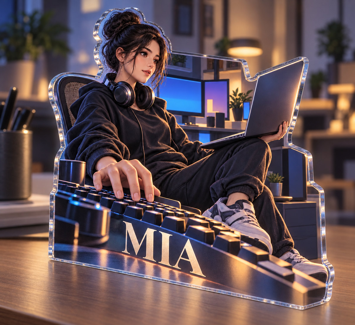Artwork visualization: Software developer — professional desk identity, personalized MIA, subject-shaped acrylic with printed optical 3D depth; not carved relief.