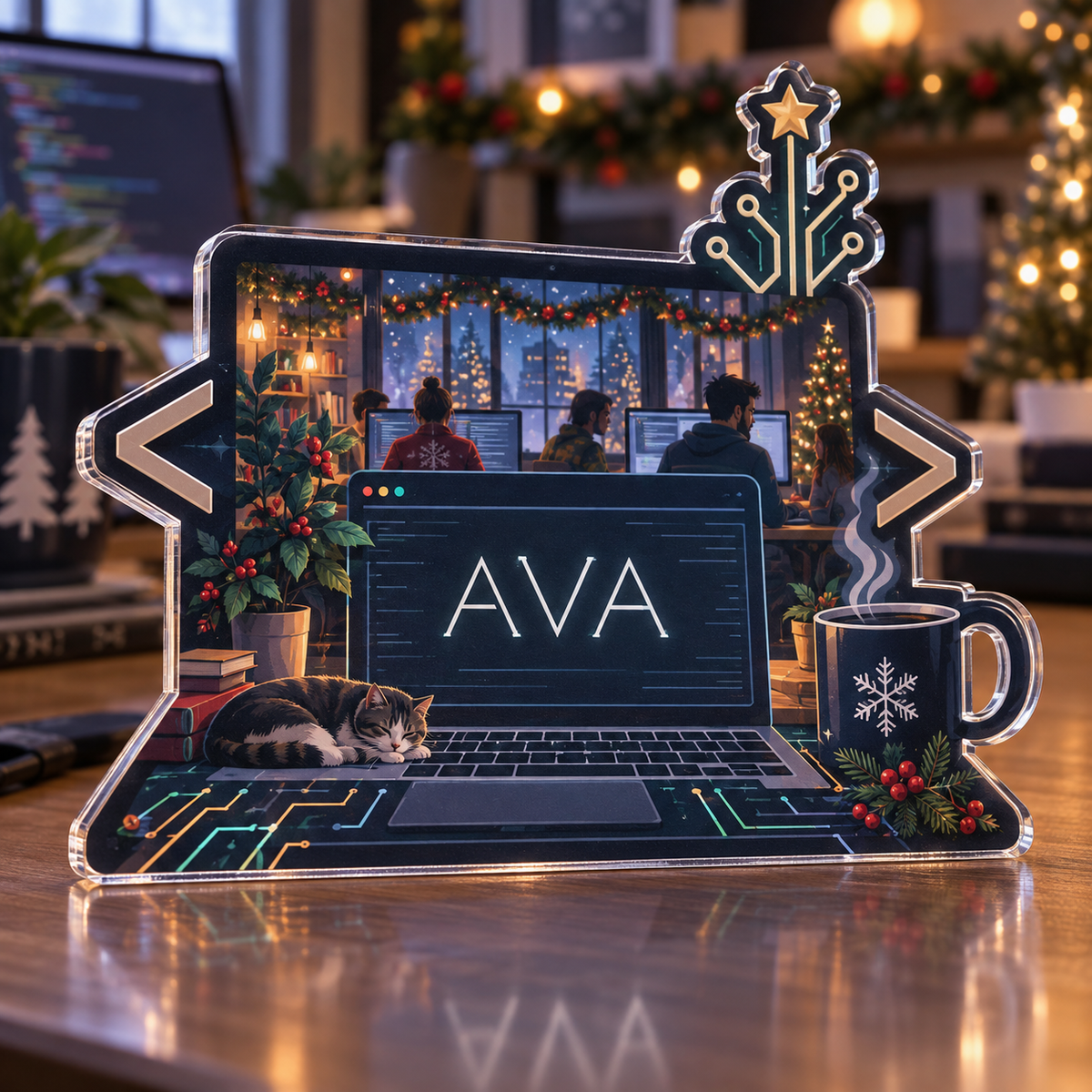 Artwork visualization: Software developer — team belonging, personalized AVA, subject-shaped acrylic with printed optical 3D depth; not carved relief.