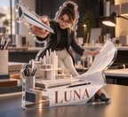 Artwork visualization: Architect — professional desk identity, personalized LUNA, subject-shaped acrylic with printed optical 3D depth; not carved relief.