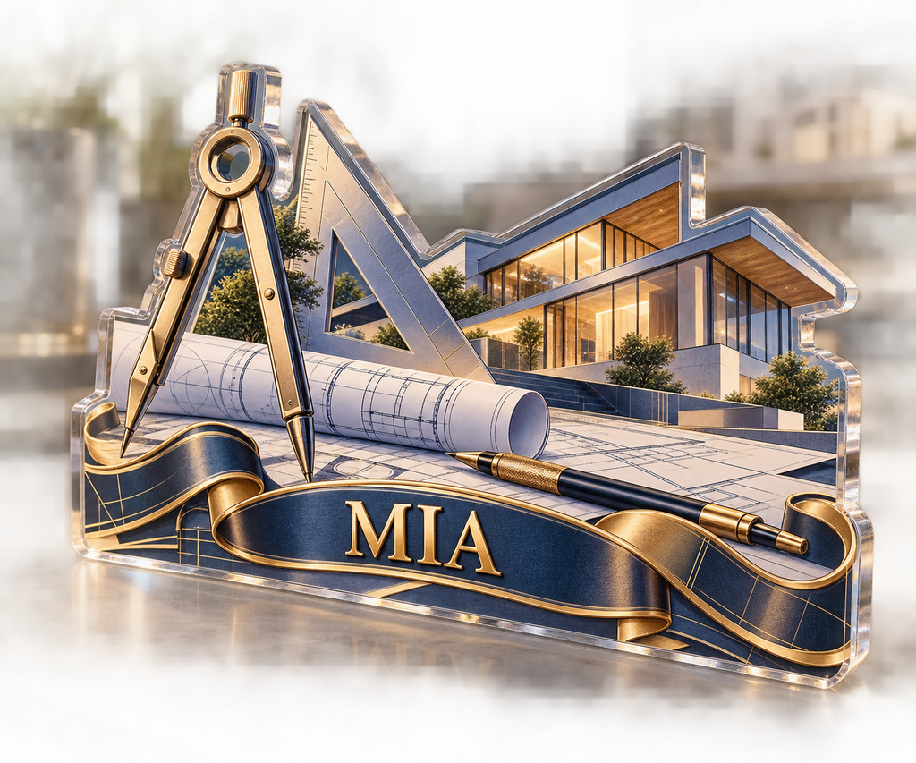 Artwork visualization: Architect — appreciation gift, personalized MIA, subject-shaped acrylic with printed optical 3D depth; not carved relief.