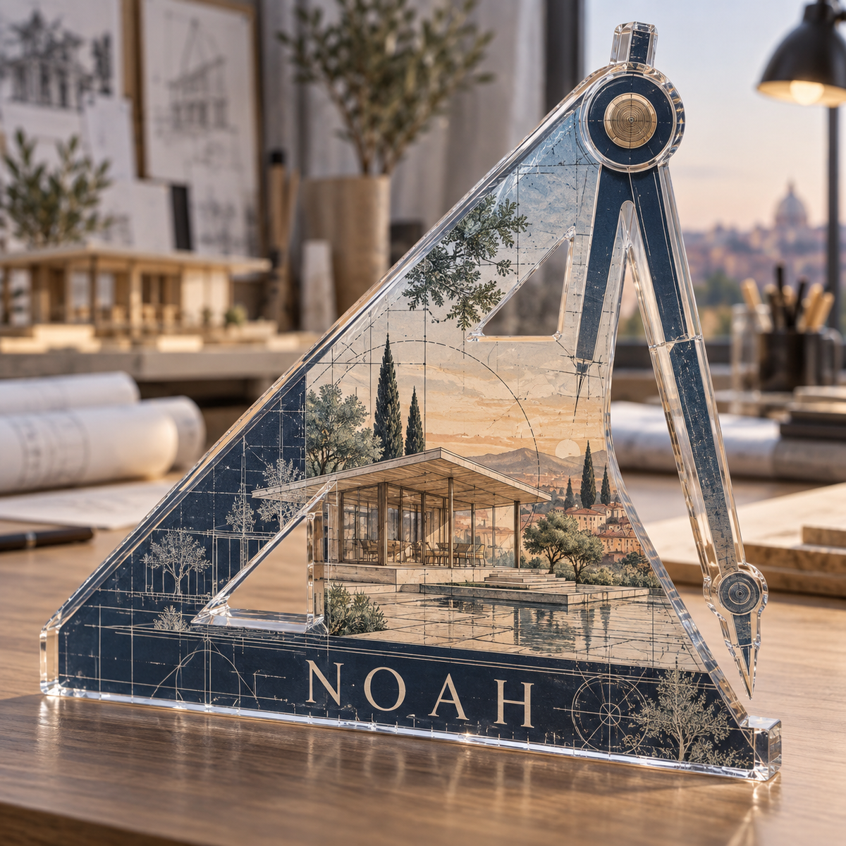 Artwork visualization: Architect — new job celebration, personalized NOAH, subject-shaped acrylic with printed optical 3D depth; not carved relief.