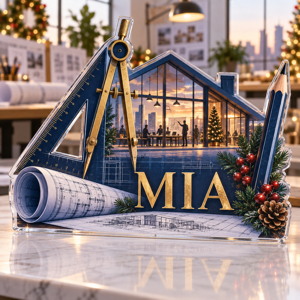 Artwork visualization: Architect — team belonging, personalized MIA, subject-shaped acrylic with printed optical 3D depth; not carved relief.