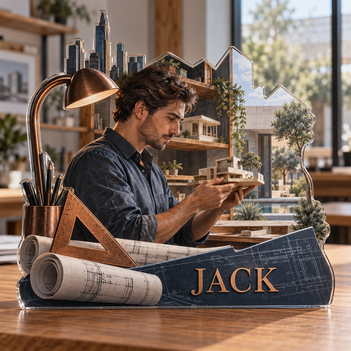 Artwork visualization: Architect — home studio decoration, personalized JACK, subject-shaped acrylic with printed optical 3D depth; not carved relief.