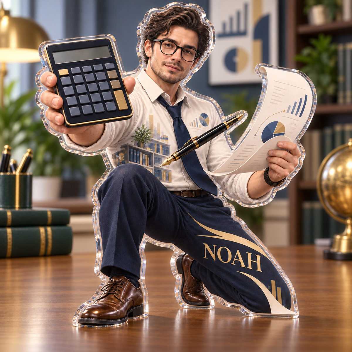 Artwork visualization: Accountant — professional desk identity, personalized NOAH, subject-shaped acrylic with printed optical 3D depth; not carved relief.
