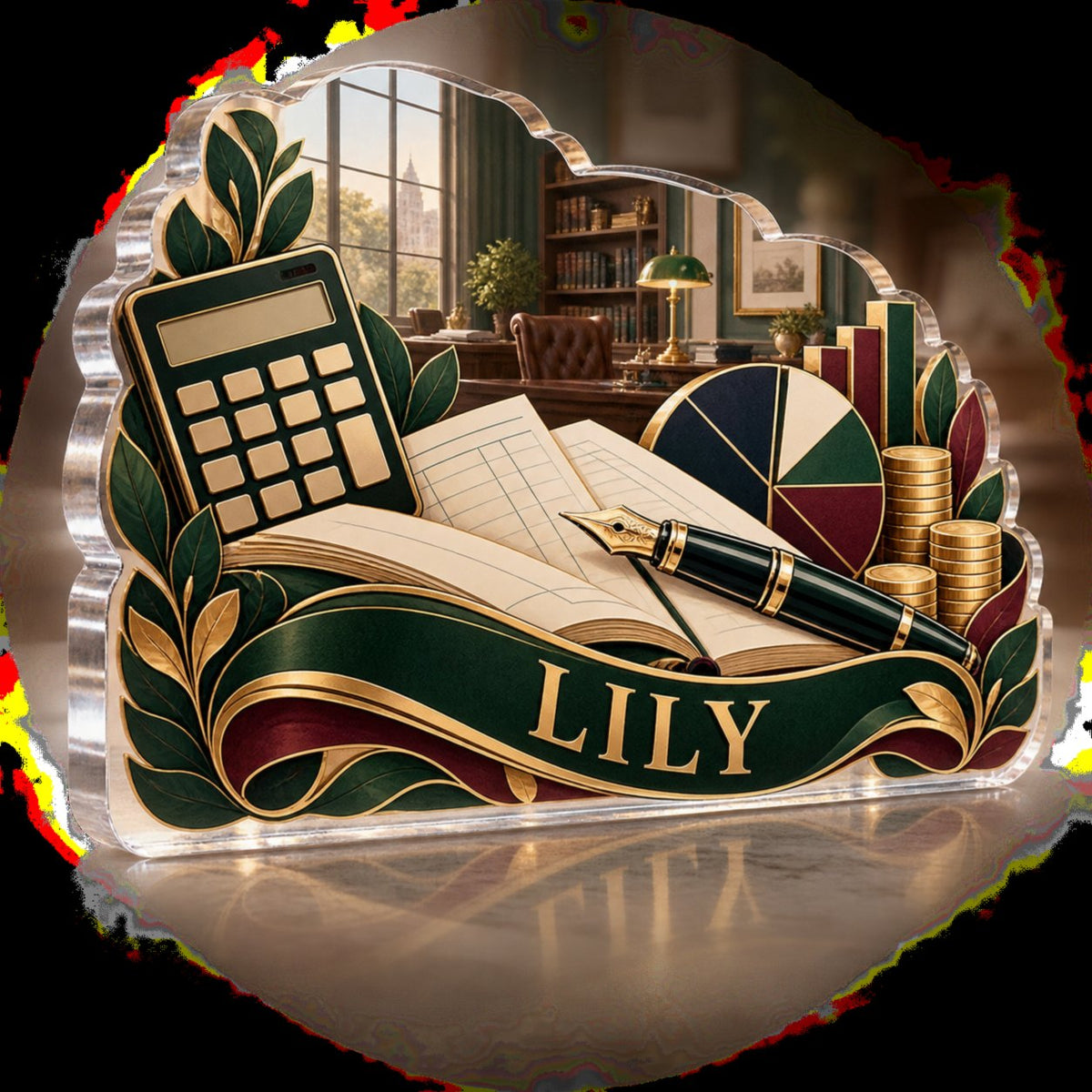 Personalized Accountant Appreciation Gift custom shape acrylic plaque with an example name set into the artwork, digital preview