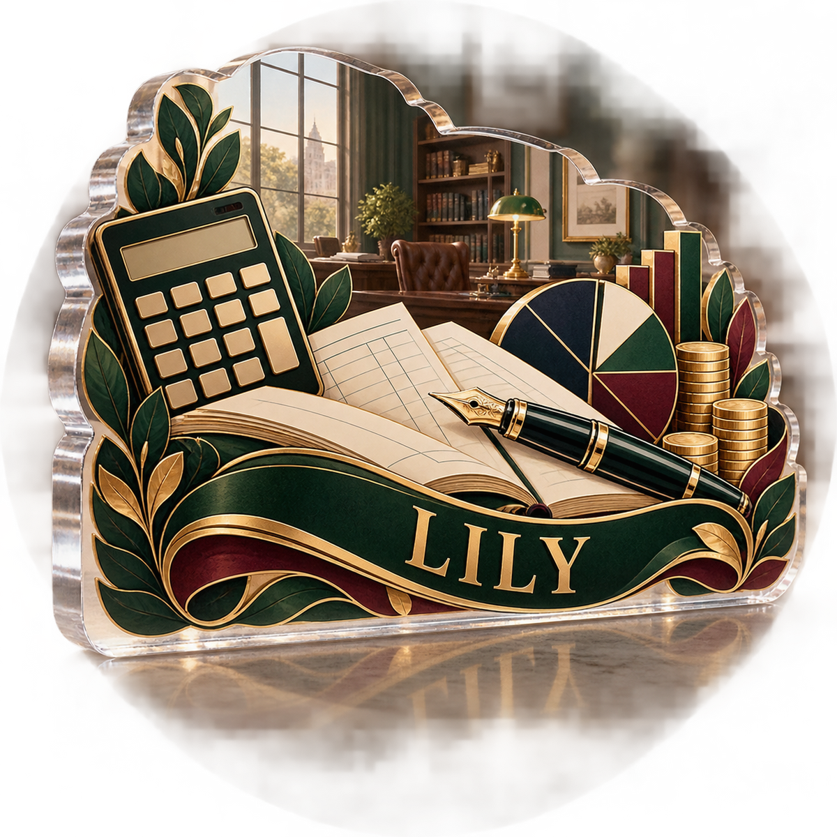 Artwork visualization: Accountant — appreciation gift, personalized LILY, subject-shaped acrylic with printed optical 3D depth; not carved relief.