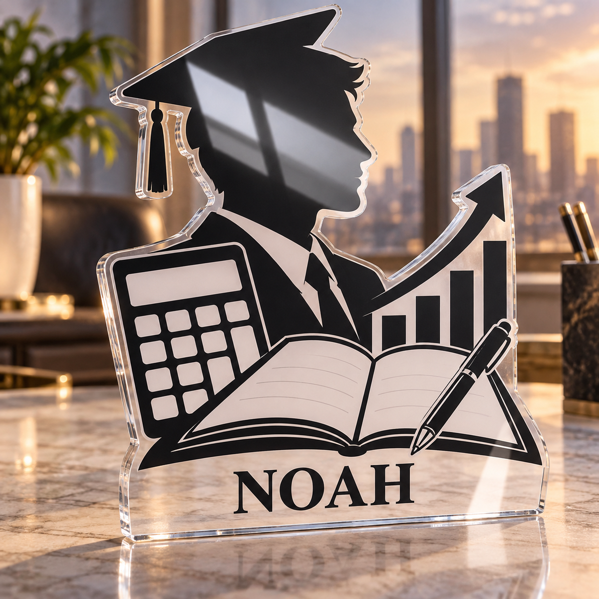 Artwork visualization: Accountant — graduation career milestone, personalized NOAH, subject-shaped acrylic with printed optical 3D depth; not carved relief.