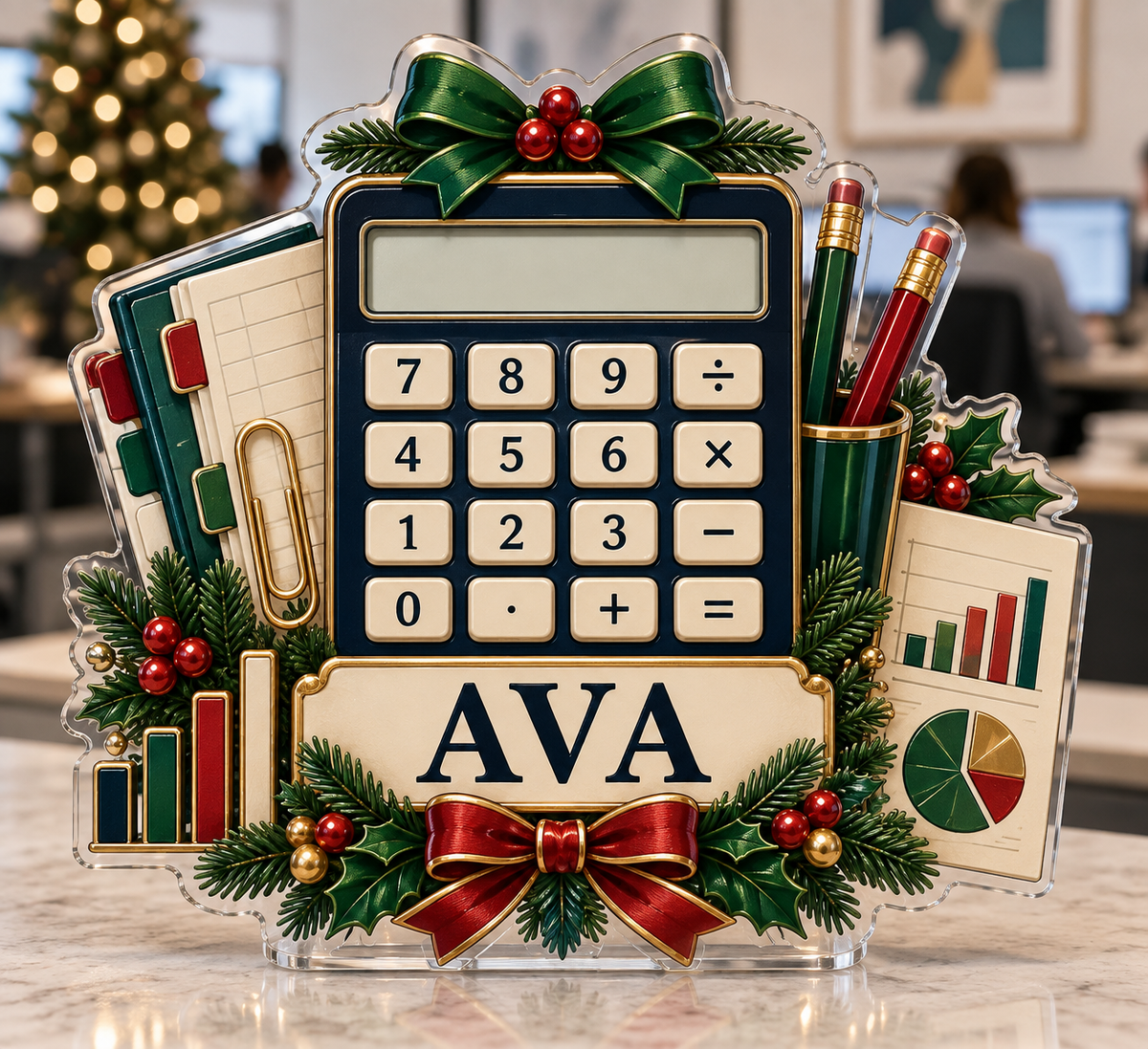 Artwork visualization: Accountant — team belonging, personalized AVA, subject-shaped acrylic with printed optical 3D depth; not carved relief.