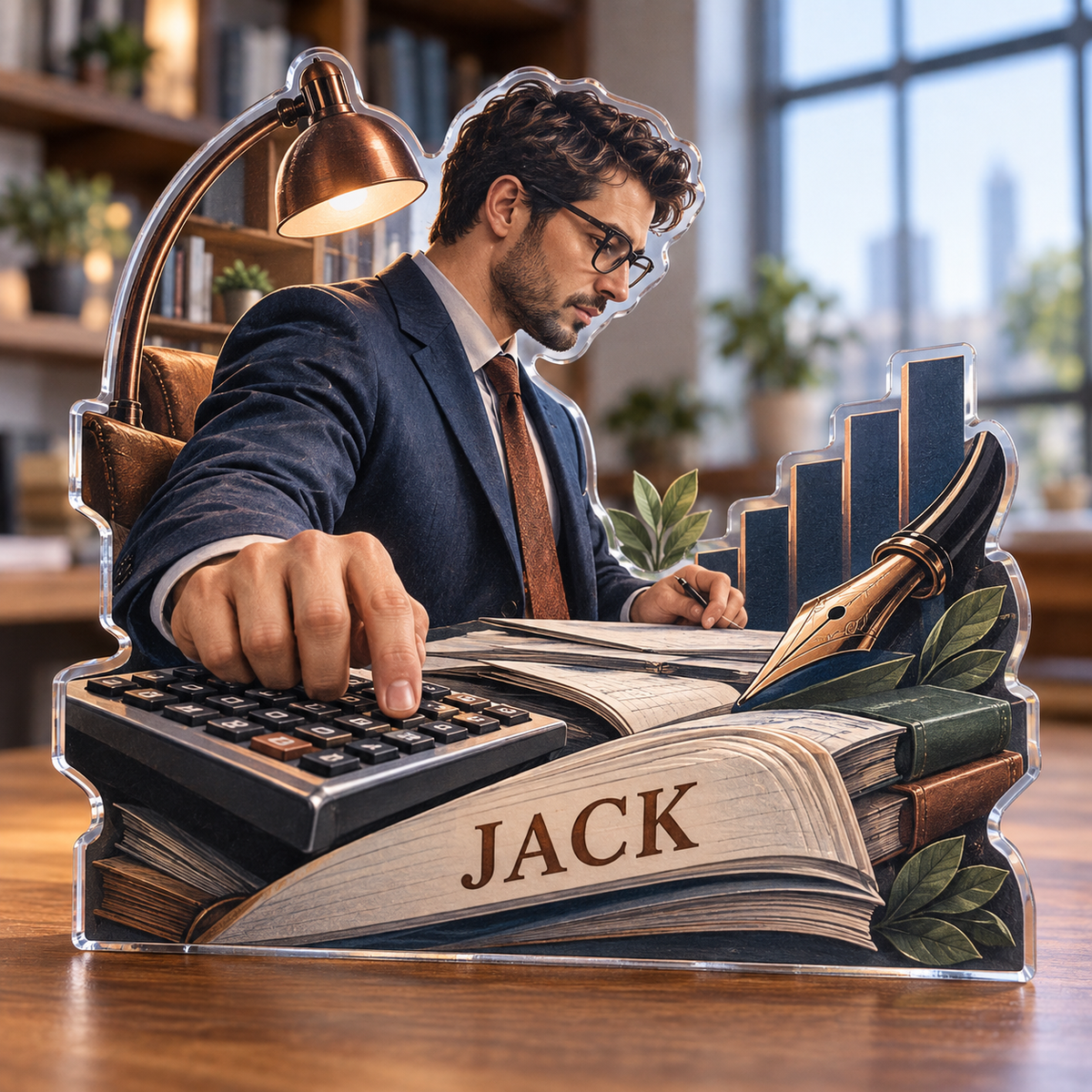 Artwork visualization: Accountant — home studio decoration, personalized JACK, subject-shaped acrylic with printed optical 3D depth; not carved relief.