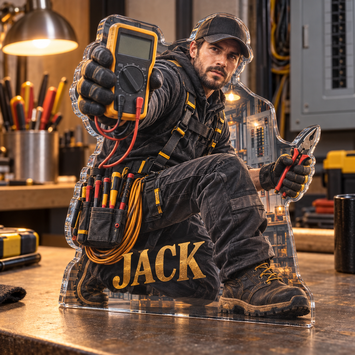 Artwork visualization: Electrician — professional desk identity, personalized JACK, subject-shaped acrylic with printed optical 3D depth; not carved relief.