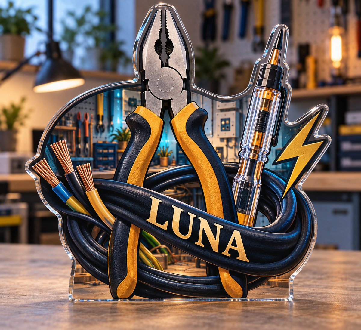 Artwork visualization: Electrician — home studio decoration, personalized LUNA, subject-shaped acrylic with printed optical 3D depth; not carved relief.