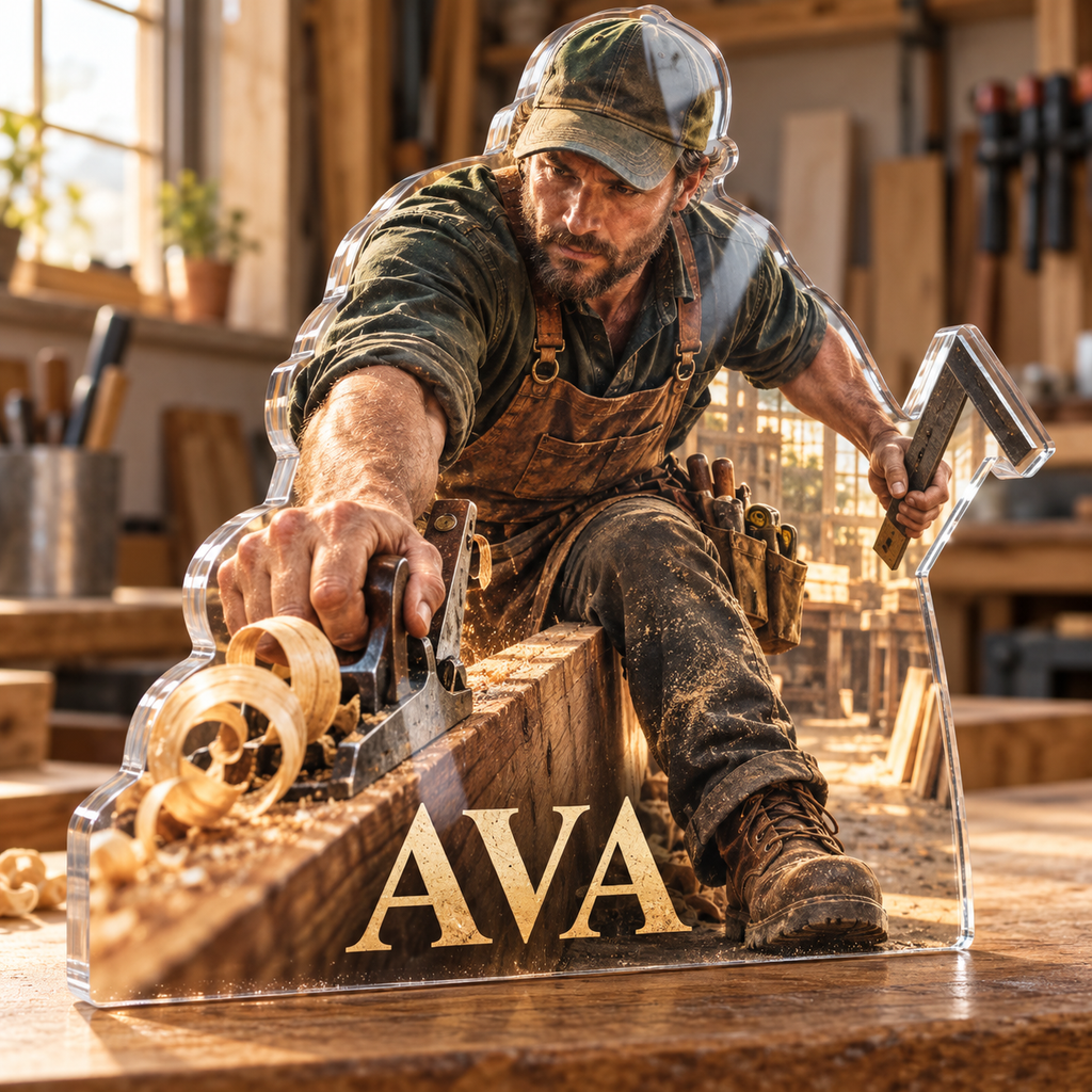 Artwork visualization: Carpenter — professional desk identity, personalized AVA, subject-shaped acrylic with printed optical 3D depth; not carved relief.