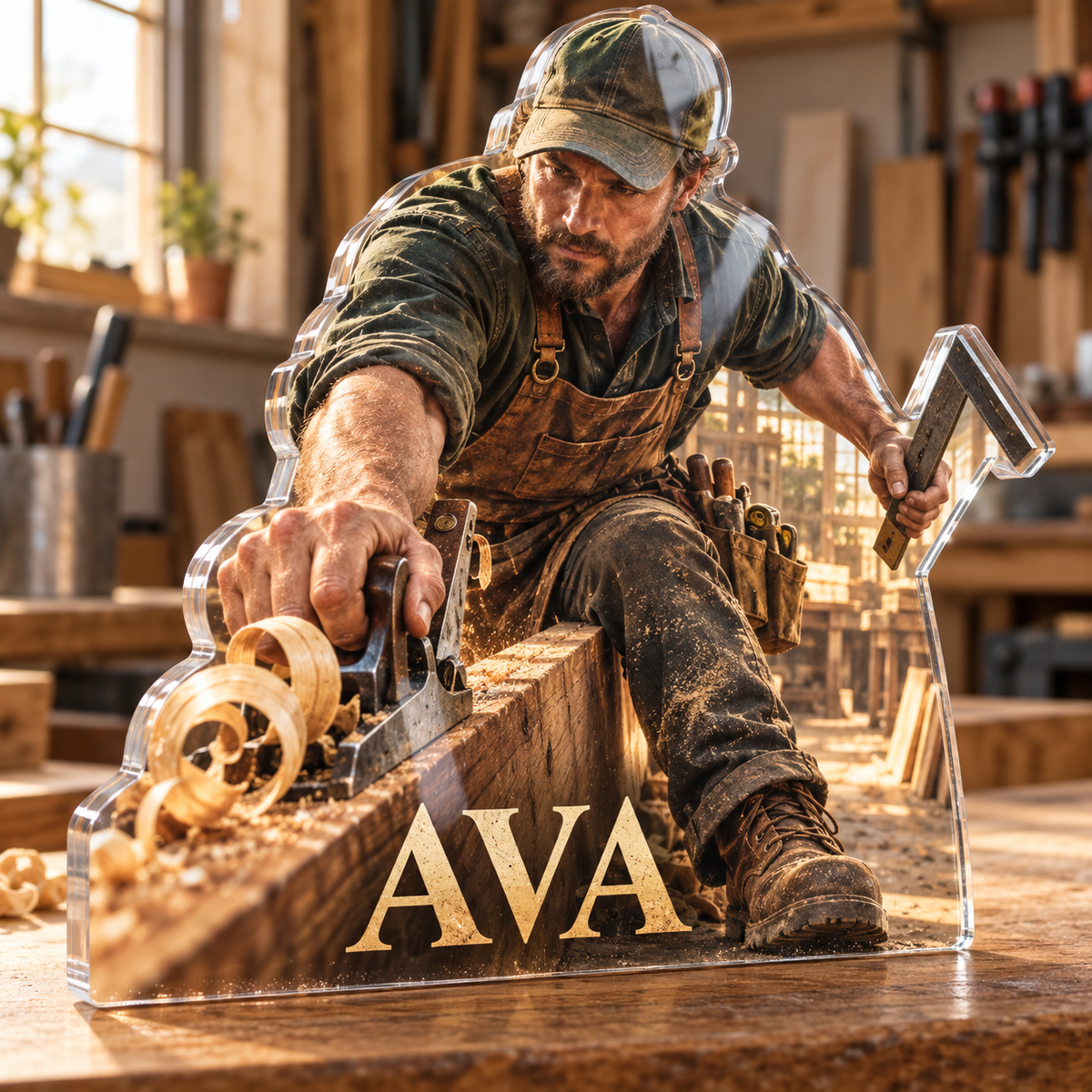 Artwork visualization: Carpenter — professional desk identity, personalized AVA, subject-shaped acrylic with printed optical 3D depth; not carved relief.
