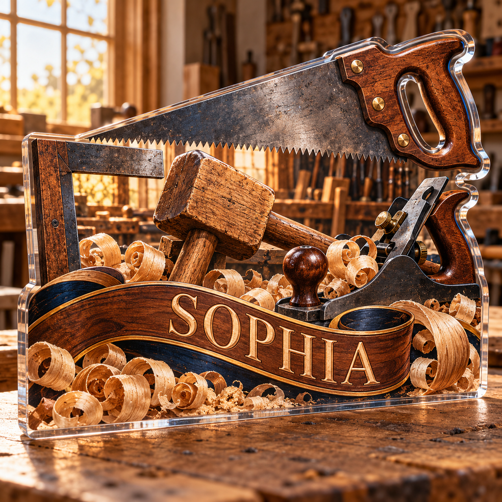 Artwork visualization: Carpenter — appreciation gift, personalized SOPHIA, subject-shaped acrylic with printed optical 3D depth; not carved relief.