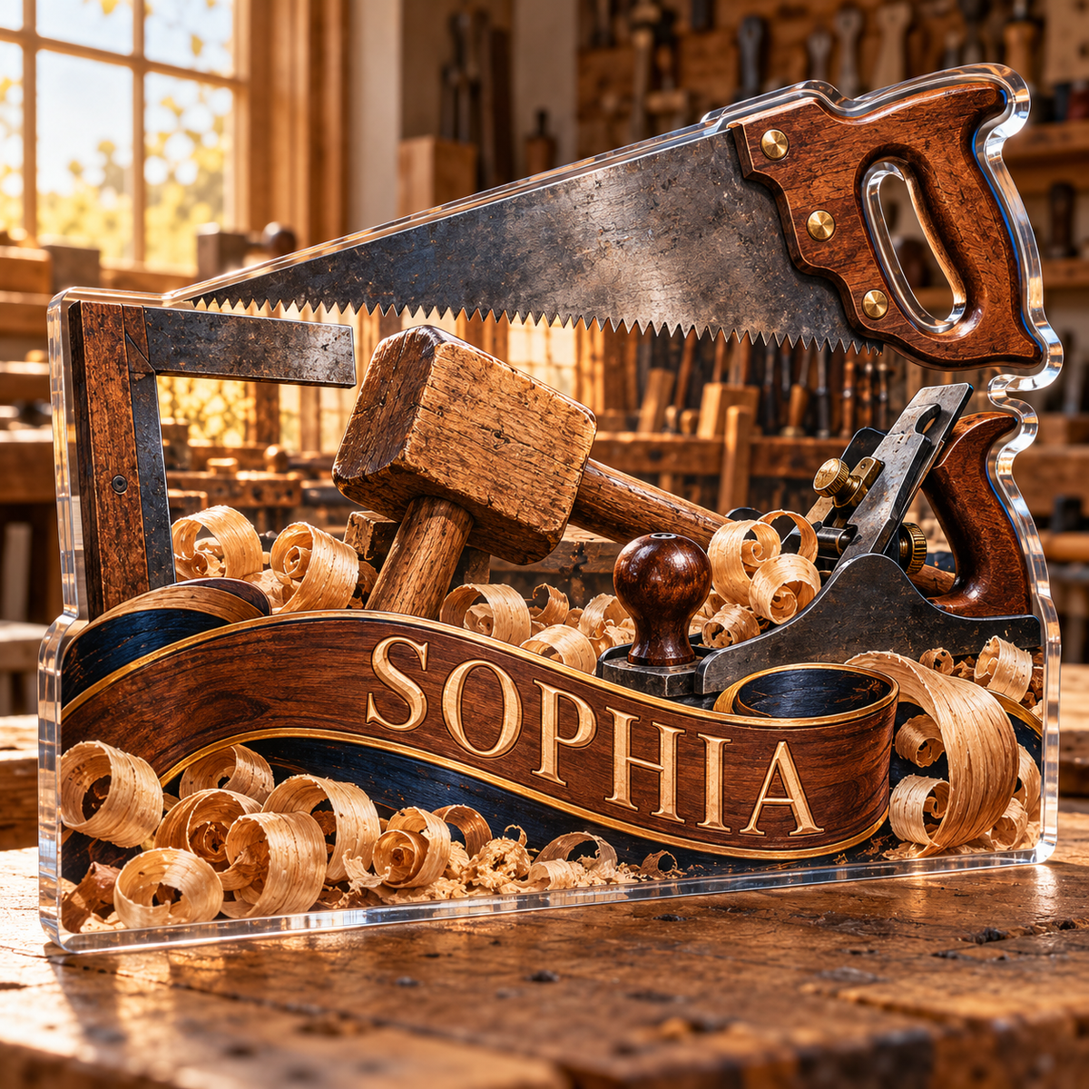 Artwork visualization: Carpenter — appreciation gift, personalized SOPHIA, subject-shaped acrylic with printed optical 3D depth; not carved relief.