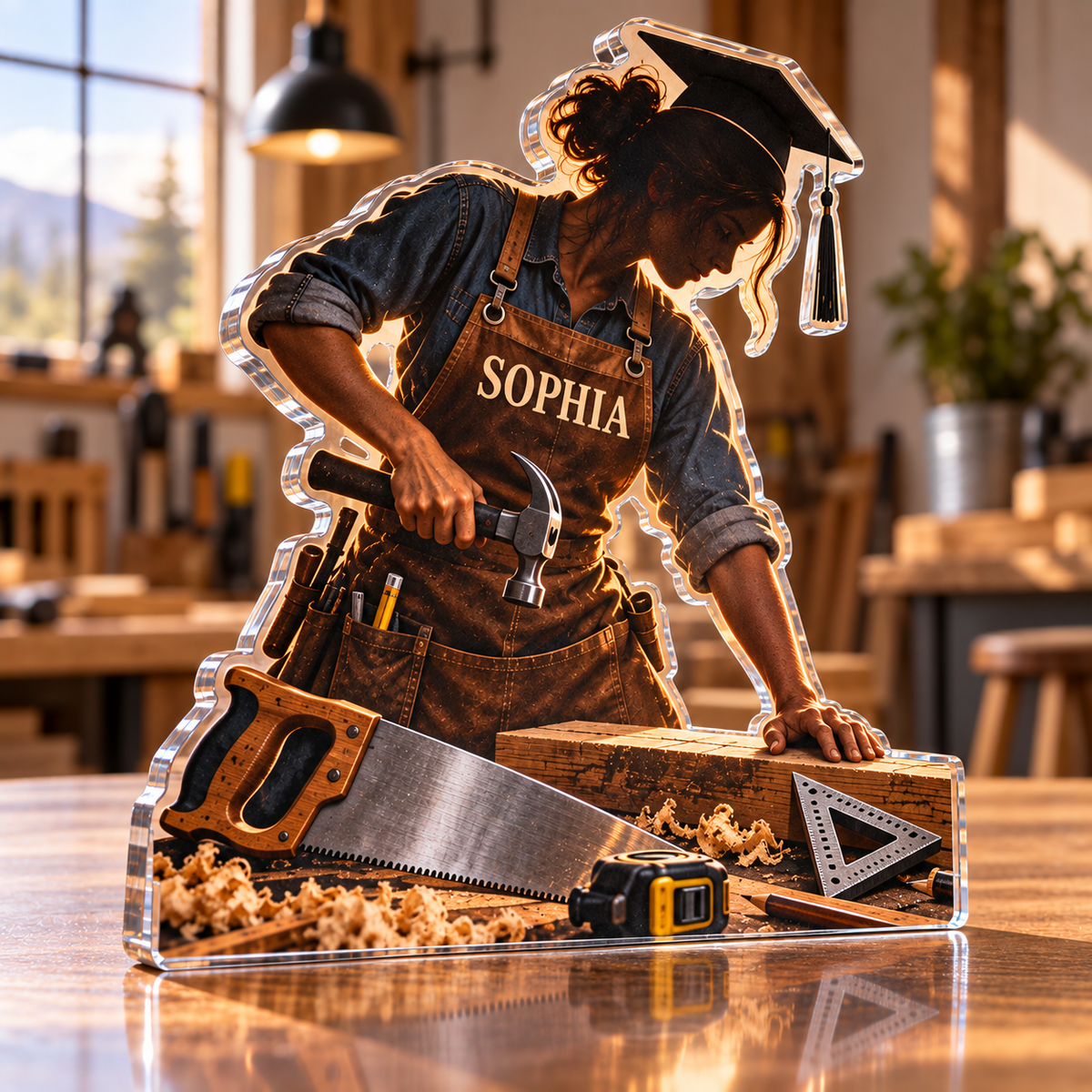 Artwork visualization: Carpenter — graduation career milestone, personalized SOPHIA, subject-shaped acrylic with printed optical 3D depth; not carved relief.