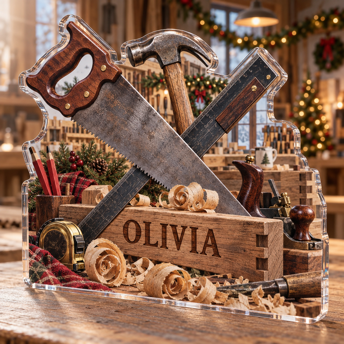 Artwork visualization: Carpenter — team belonging, personalized OLIVIA, subject-shaped acrylic with printed optical 3D depth; not carved relief.