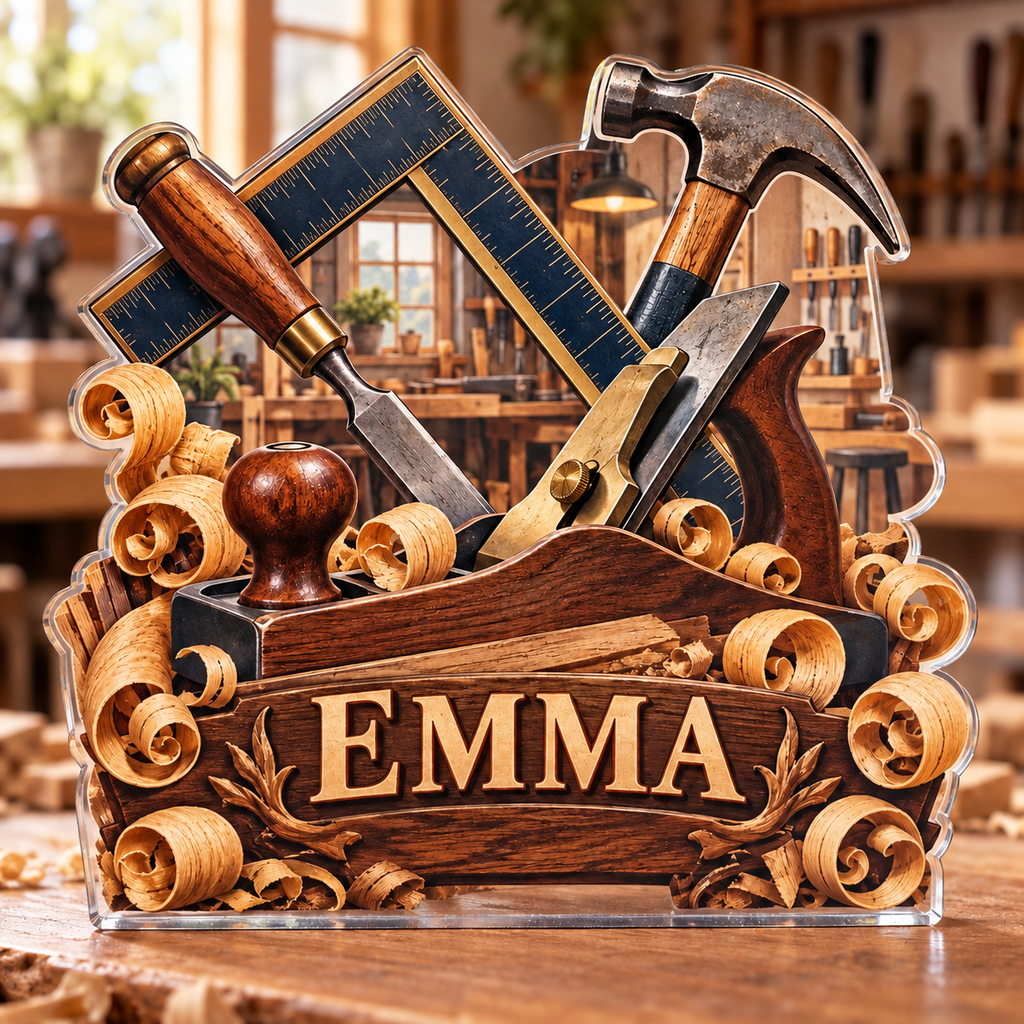 Artwork visualization: Carpenter — home studio decoration, personalized EMMA, subject-shaped acrylic with printed optical 3D depth; not carved relief.