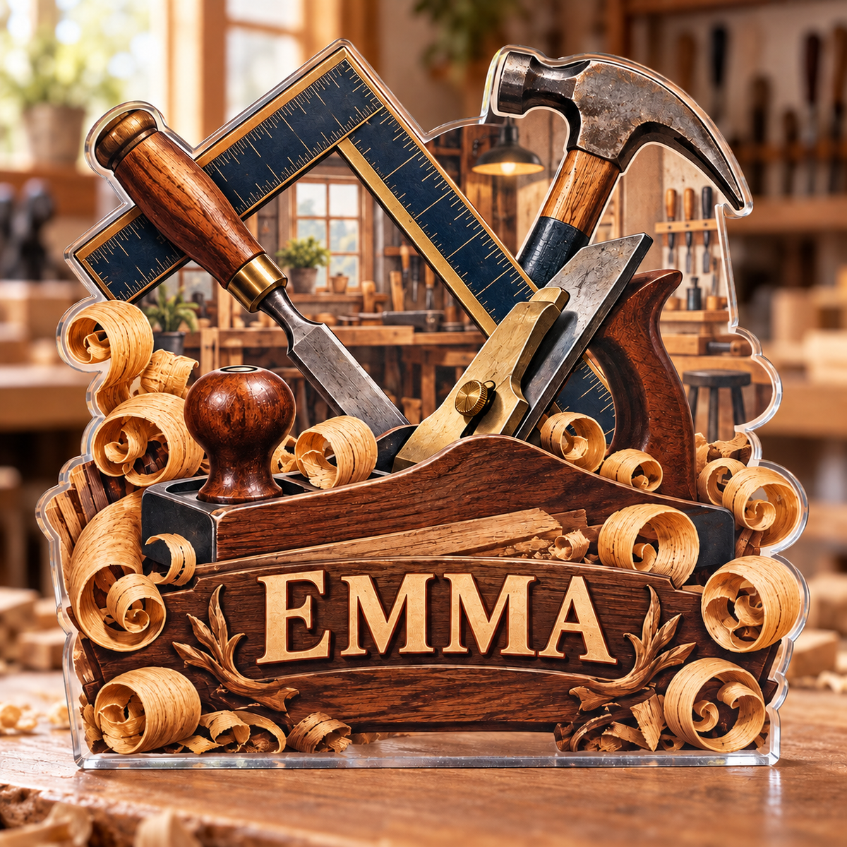 Artwork visualization: Carpenter — home studio decoration, personalized EMMA, subject-shaped acrylic with printed optical 3D depth; not carved relief.