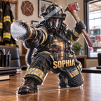 Artwork visualization: Firefighter — professional desk identity, personalized SOPHIA, subject-shaped acrylic with printed optical 3D depth; not carved relief.