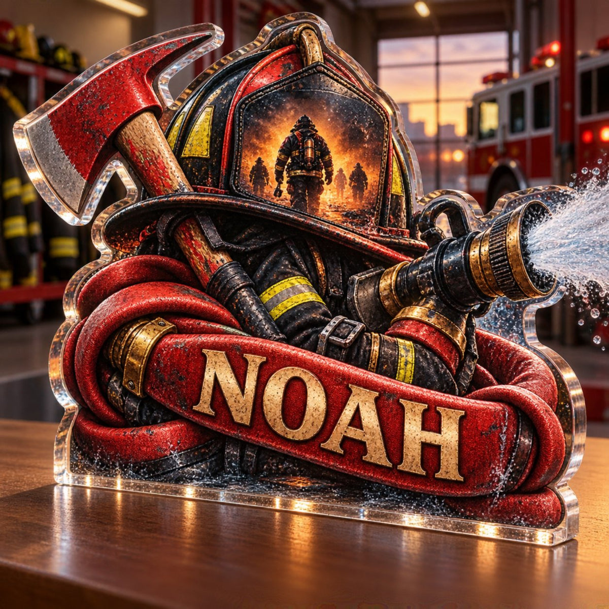 Personalized Firefighter Appreciation Gift custom shape acrylic plaque with an example name set into the artwork, digital preview