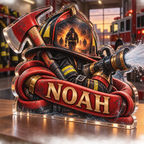 Artwork visualization: Firefighter — appreciation gift, personalized NOAH, subject-shaped acrylic with printed optical 3D depth; not carved relief.