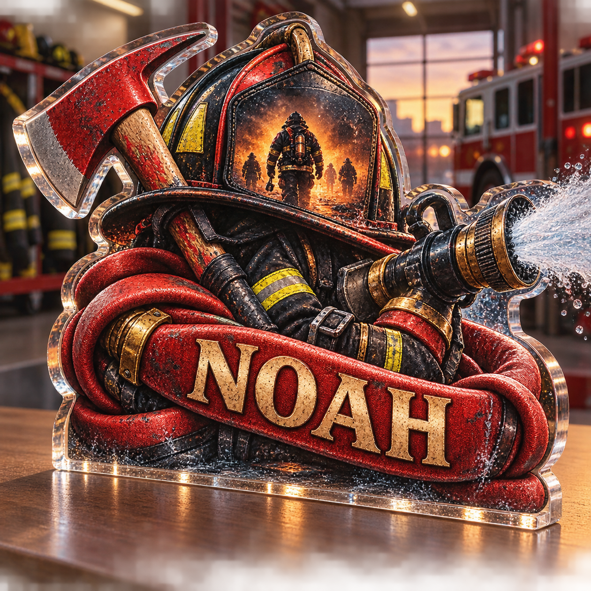 Artwork visualization: Firefighter — appreciation gift, personalized NOAH, subject-shaped acrylic with printed optical 3D depth; not carved relief.