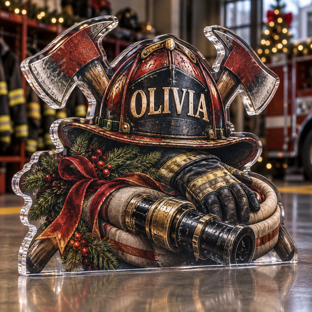 Artwork visualization: Firefighter — team belonging, personalized OLIVIA, subject-shaped acrylic with printed optical 3D depth; not carved relief.