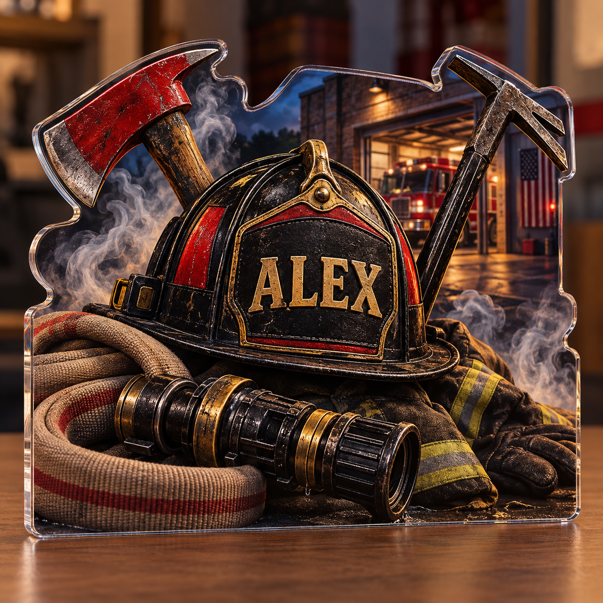 Artwork visualization: Firefighter — home studio decoration, personalized ALEX, subject-shaped acrylic with printed optical 3D depth; not carved relief.