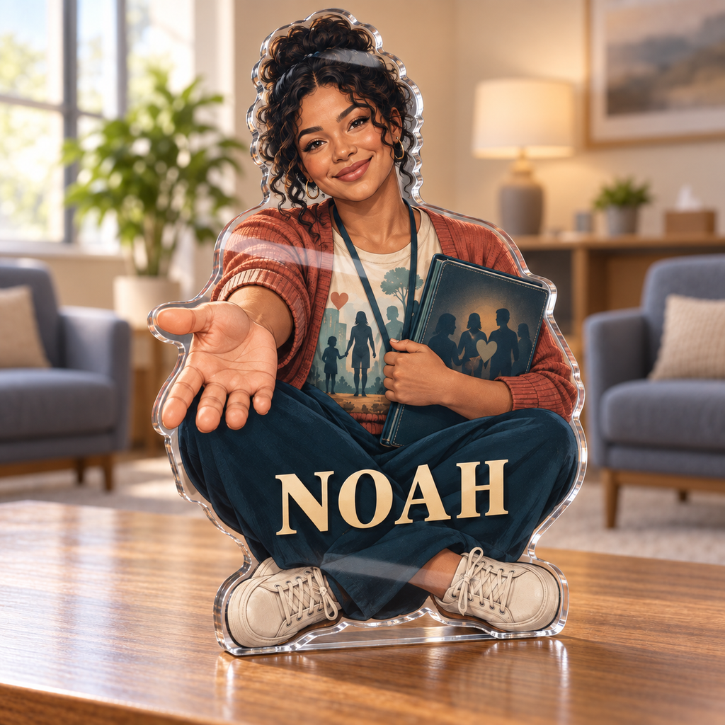 Artwork visualization: Social worker — professional desk identity, personalized NOAH, subject-shaped acrylic with printed optical 3D depth; not carved relief.