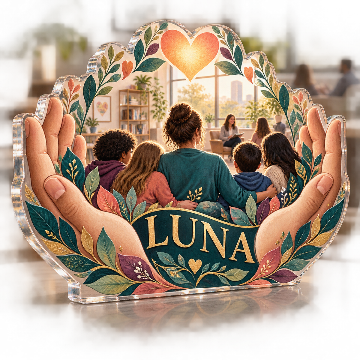 Artwork visualization: Social worker — appreciation gift, personalized LUNA, subject-shaped acrylic with printed optical 3D depth; not carved relief.