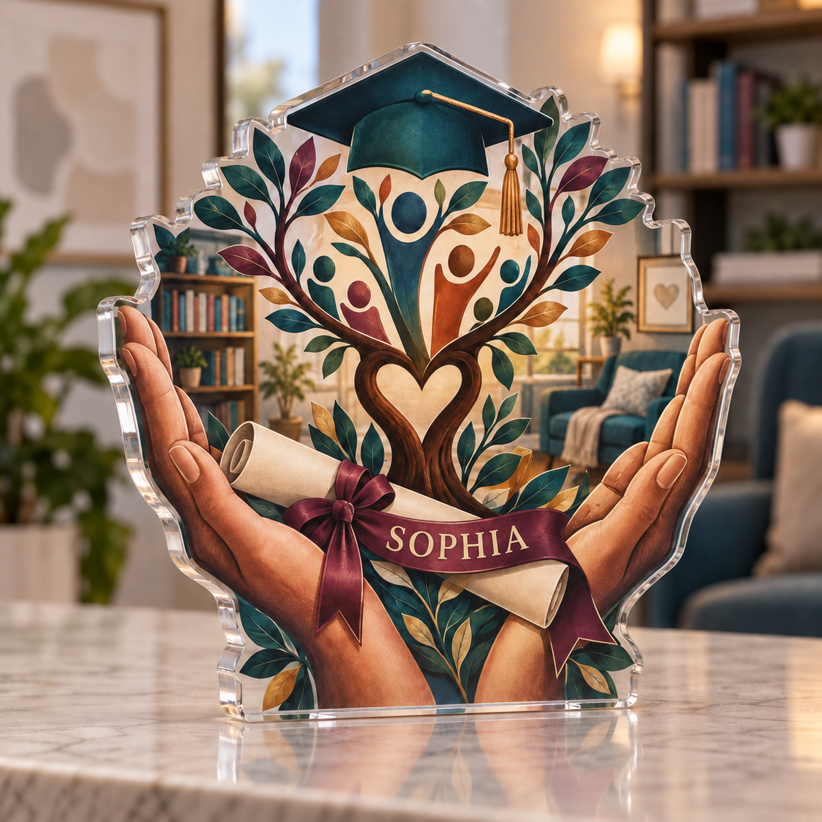 Artwork visualization: Social worker — graduation career milestone, personalized SOPHIA, subject-shaped acrylic with printed optical 3D depth; not carved relief.