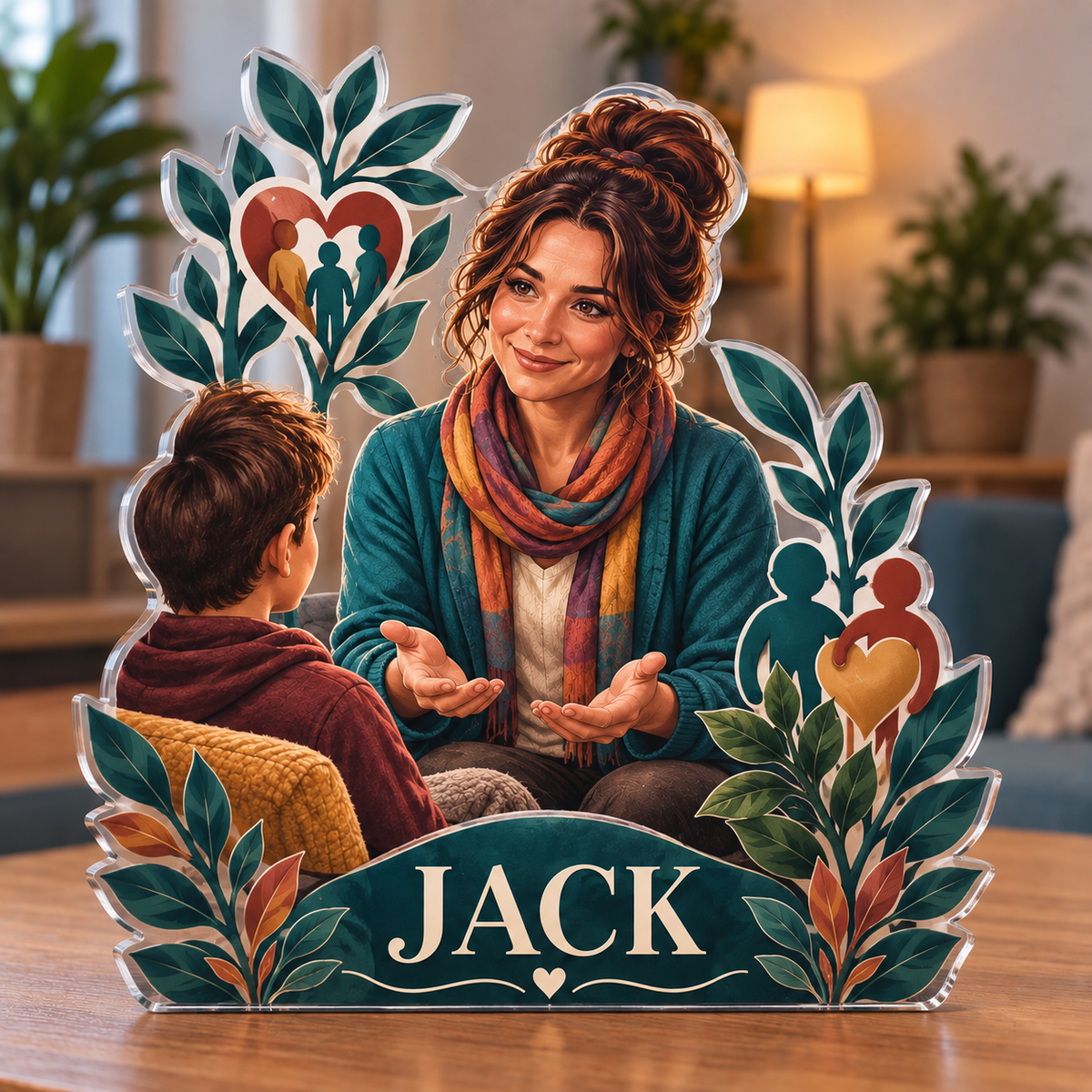 Artwork visualization: Social worker — home studio decoration, personalized JACK, subject-shaped acrylic with printed optical 3D depth; not carved relief.