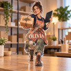 Artwork visualization: Small business owner — professional desk identity, personalized OLIVIA, subject-shaped acrylic with printed optical 3D depth; not carved relief.