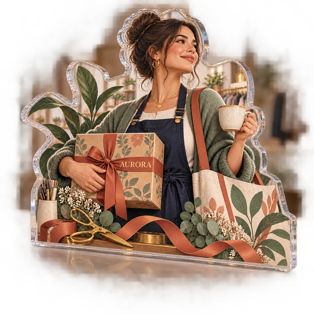 Artwork visualization: Small business owner — appreciation gift, personalized AURORA, subject-shaped acrylic with printed optical 3D depth; not carved relief.