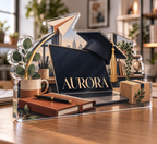 Artwork visualization: Small business owner — graduation career milestone, personalized AURORA, subject-shaped acrylic with printed optical 3D depth; not carved relief.