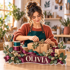 Artwork visualization: Small business owner — home studio decoration, personalized OLIVIA, subject-shaped acrylic with printed optical 3D depth; not carved relief.