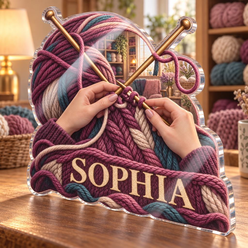 Artwork visualization: Knitting — studio wall identity, personalized SOPHIA, subject-shaped acrylic with printed optical 3D depth; not carved relief.
